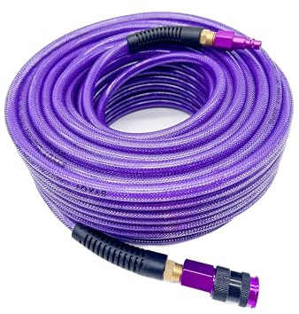SYXQT Polyurethane(PU) 1/4-Inch x 100FT Reinforced,Air Hose with 1/4” Swivel Solid Aluminum Colored Universal Quick Coupler and Plug,Bend Restrictor,Purple