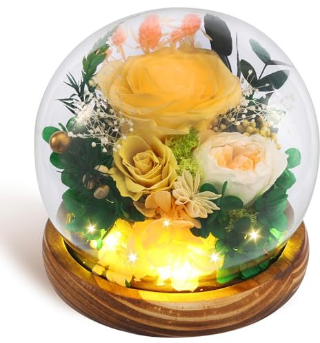 Eummy Artificial Flowers in Glass Dome with LED Light Forever Flowers Decorative Light up Rose Preserved Flowers Gift Exquisite Preserved Rose Gifts for Birthday Mother's Day Anniversary(Yellow Rose)