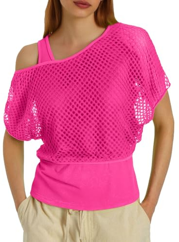 Zumba Kleidung Damen original, Netzoberteil Damen 80er Jahre Outfit Festival - Sexy Netzshirt Netztop Faschingskostüme Neon Party Outfit 90er Netzo Oberteil Karneval Kostüm Mottoparty One Shoulder