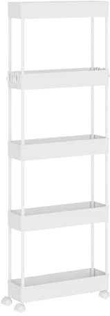 Klihome Servierwagen mit 5 Ebenen, Küchenwagen Nischenwagen Nischenregal mit Rollen, durchbrochendem Design, 4 Haken, Rollwagen für Schlafzimmer Küche Wohnzimmer, 39 x 107,5 x 12,5 cm, Weiß