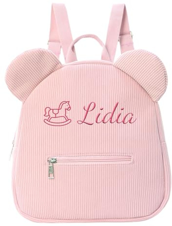 Generico Zaino Bambini Personalizzato con Nome Ricamato - Zainetto in Velluto a Coste Personalizzabile per Ragazzi e Ragazze - Zaino Orsetto Carino 28x25 cm per Scuola e Viaggi (Rosa)