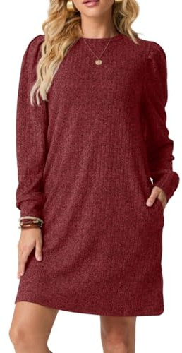 PrinStory Vestito Pullover Donna Maniche Lunghe Abiti Casual Girocollo Abito in Maglia Con Tasche Autunno Inverno, Colore: rosso, L