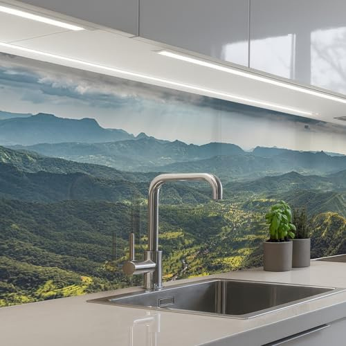 KitchenYeah© Spritzschutz Küchenrückwand Selbstklebend Küche Rückwand | 80x250 cm - Küchenwand Wand Küchenfront Verkleidung Küchenspritzschutz Landschaft - Tal - Grün