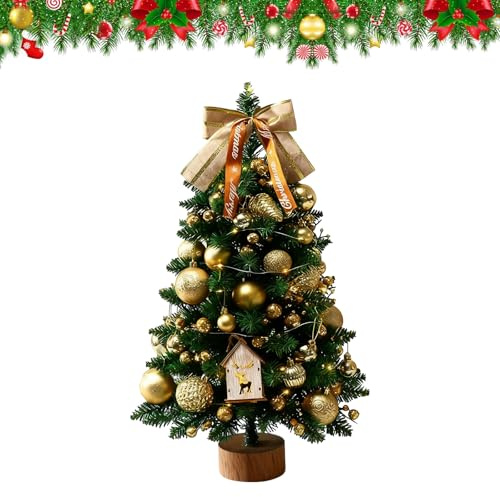 Mini Weihnachtsbaum Kleiner Weihnachtsbaum mit Beleuchtung LED, 45cm Tisch Weihnachtsbaum Klein Mit Weihnachtskugel Blockhaus, Tannenbaum Für Schaufenster, Haus (Gold)