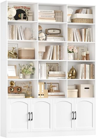 FirFurd 209 cm Libreria Verticale, Libreria da Parete con 15 Scomparti Aperti, Scaffale Portaoggetti in Legno a 4 Ante, Vetrinetta Soggiorno, per Studio, Ufficio, Soggiorno, 150x23.7x209cm (Bianco)