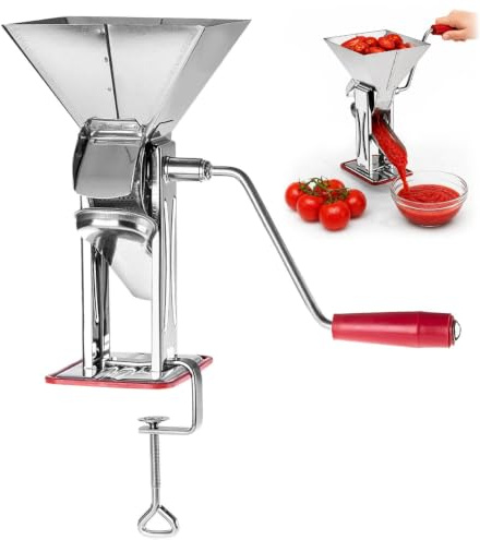 KADAX Manuell tomatpress, passeringskvarn av rostfritt stål, tomatjuicepress, passeringsmaskin med handvev, tratt, passeringssil och bordsklämma