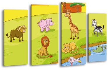 wandmotiv24 Leinwandbild Safari LW411 Wandbild, Bild auf Leinwand, 4 Teile, 180x100cm, Kunstdruck Canvas, XXL Bilder, Keilrahmenbild, fertig aufgespannt, Bild, Holzrahmen, Afrika, Kinder, Tiere,