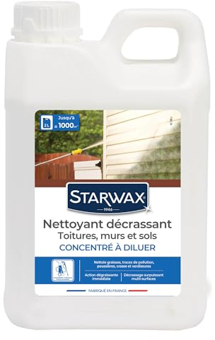 STARWAX - Nettoyant Décrassant pour Toitures, Murs, Sols Extérieurs - Surpuissant - Nettoie Graisses, Suies et Verdissures - Compatible Nettoyeurs Haute Pression - Fabriqué en France - 2L - 1000m²