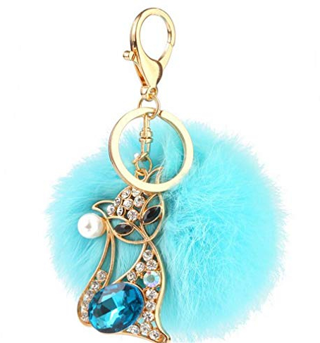 Canarea bommel Keychain Pompom mit Glitzer Fuchs Anhänger Mode Schlüsselanhänger plüsch ball Schwarz Taschenanhänger strass Elegant Plüsch-Kugel Auto-Anhänger Weich Schlüsselring Dekor (Hell Blau)