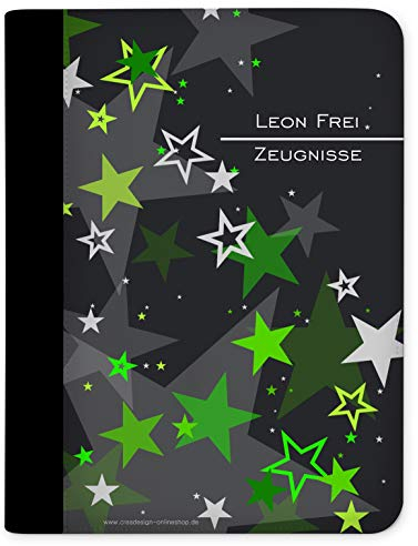 CreaDesign Customize A4 Zeugnismappe für Kinder - 26.7 x 32.7 x 1 cm, erweiterbar auf bis zu 20 Fächer, Sichtbuch ohne Klarsichthüllen, Grün Sterne Design, Dokumentenmappe für Schüler