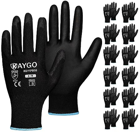 KAYGO Work Gloves for Men and Women,12 Pairs Seamless Knit PU Coated Safety Gloves, with Smooth Grip on Palm and Fingers, Ideal for Light Warehouse, Manufacturing, Gardening, KG11P (M, Black)