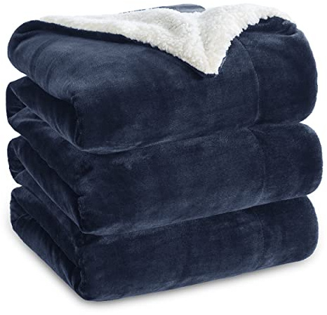 Säng Vändbar flanell/Sherpa filt 220x240cm - 135/150 100% extra mjuk mikrofiber säng filt - Marinblå plysch filt