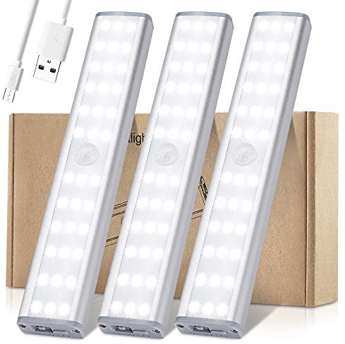 Meromore Wireless Under Cupboard Lights, 30-LED Motion Sensor Night Light,USB Rechargeable Under Cabinet Kitchen Lights with Magnetic Strip 600mAh Battery for Wardrobe, Closet, Stairs (3 Pack)