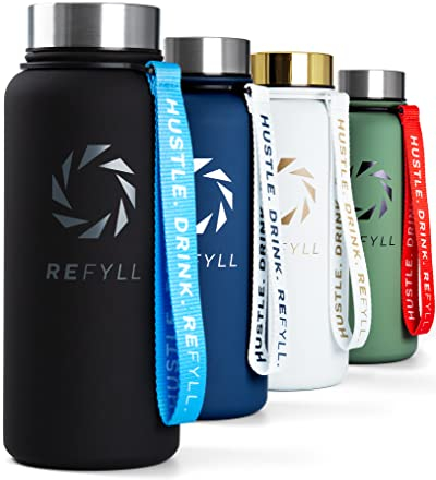 REFYLL X Thermo Trinkflasche Edelstahl “Power” 1L I 2 Verschlüsse I Doppelwandige Isolierflasche I 24H Kalt & 12H Heiß I BPA-Frei I Fitness Trinkflasche 1000ml für Kohlensäure geeignet