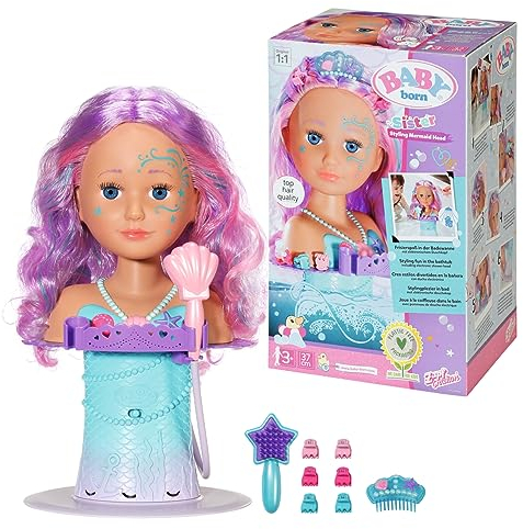 BABY Born Creation 830550 BABY born Sister Styling Head Meerjungfrau - Drehbarer Frisierkopf mit elektronischer Brause und Haar-Accessoires für die Badewanne Bunt