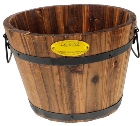 DOITOOL Wooden Barrel Planter 10.2 Inch Round Whiskey Barrel Flower Pot Rustic Wooden Flower Bucket with Handle for Indoor Outdoor Garden Balcony