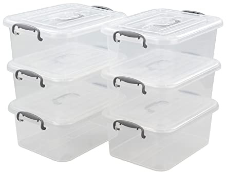 Afromy 6 Packs Storage Boxes with Lids, Clear Plastic Bin with Handle, 8L | Stackable Storage Boxes for Shelves, 32.5 * 23.8 * 13cm