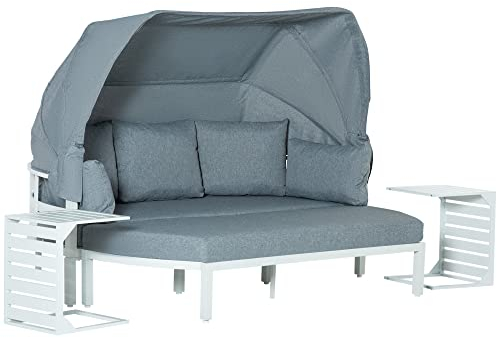 Outsunny 4-teiliges Gartenmöbel-Set mit Beistelltisch Dach Bank Balkonmöbel Set Sofa mit Kissen Outdoor Aluminium Weiß+Grau