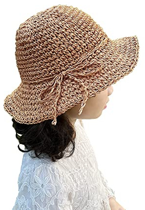 Kids Summer Straw Hat Handmade Bowknot Beach Sun Protection Hats for Girls Khaki