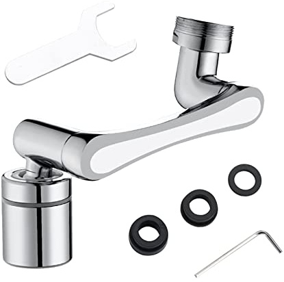 LOTUS POWER 1080° + 360° drehbares Roboterarm-Wasserhahn-Set mit 22 mm Innengewinde & 24 mm Außengewinde, universeller silberfarbener Luftsprudler mit Schlüsseln für Küche/Bad