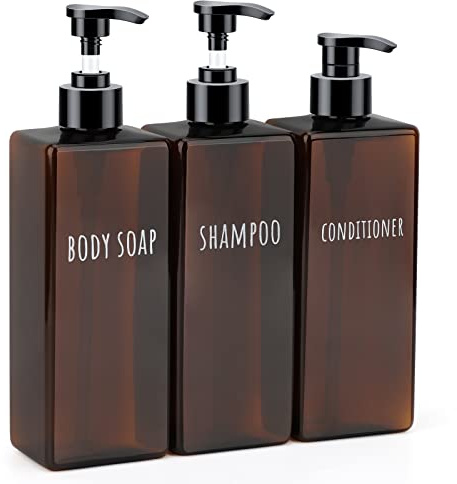 Segbeauty Lotion Dispenser Quadratisch, 3 Stück 500ml Braun Seifenspender Set mit Etiketten für Shampoo Conditioner Body Soap, Nachfüllbar Kunststoff Pumpflaschen für Bad, Hohe Kapazität