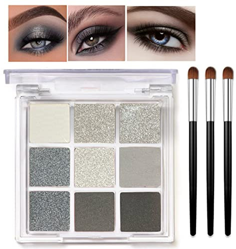 Smoky Eyes Eyeshadow Palette, 9 Colours Black Gray Eye Shadows Palette, Highly Pigmented Colours Make-up Palettes Matte Shimmer Eyeshadow Makeup, Cool Smoky Eye Shadow Pallets for Women, with Brushes