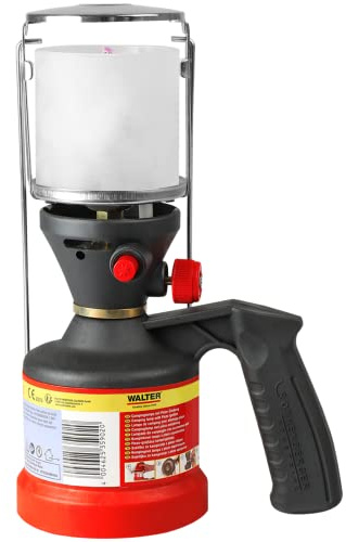 WALTER Gas Camping Lampe mit Piezo Zündung, inkl. 3 Glühstrümpfe | Stufenlos regulierbare Helligkeit, Mattglas sorgt für warmes Licht, für viele Bereiche einsetzbar, Gaslampe, Camping Laterne