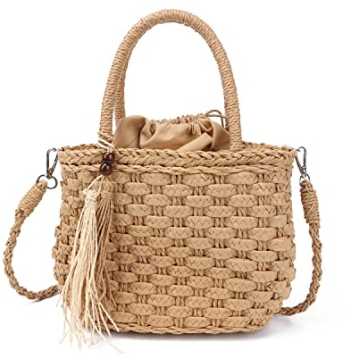 Ynport Straw Handbag Tote for Women Summer Beach Drawstring Rattan Bucket Bag Handmade Woven Hobo Shopping Purse