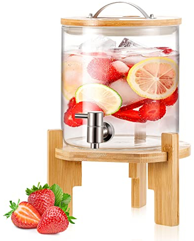 ZWEBY 1,3 Gallone/ 5L Getränkespender mit Zapfhahn aus Edelstahl - Glas Wasserspender mit Stand aus Bambus Holz - Spender aus hitzebeständigem Borosilikatglas - für heiße oder kalte Getränke, Wasser