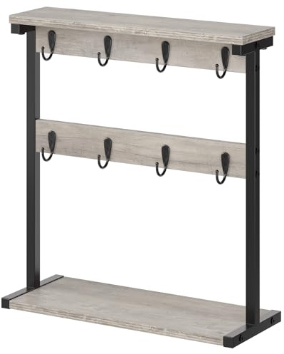 YATINEY Coffee Mug Holder Stand, Countertop Mug Tree Holder Rack, Mug Storage with Hooks and Open Shelves, Freestanding Storage Rack for Kitchen, Greige and Black XMH43BG