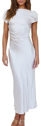 Gmeitoey 2025 Satin Cap Sleeve Cowl Back Summer Dresses for Women Elegant Ruched Waist Wedding Guest Midi Dress White