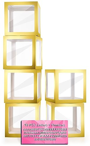 Baby Boxes with Letters, 6 Transparent Balloon Boxes with 78 Letters & Numbers, Clear Name Boxes for Baby Shower Birthday Bridal Wedding Gender Reveal Party Decorations Backdrop, Gold