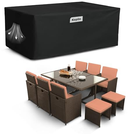 KEPLIN Waterproof Outdoor Furniture Cover - UV, Tear, Fade Resistant, 600D Oxford Fabric, PVC Coating, Air Vent, Attachment Straps & Storage Bag Included for Garden Table & Chairs (180x120x74cm)
