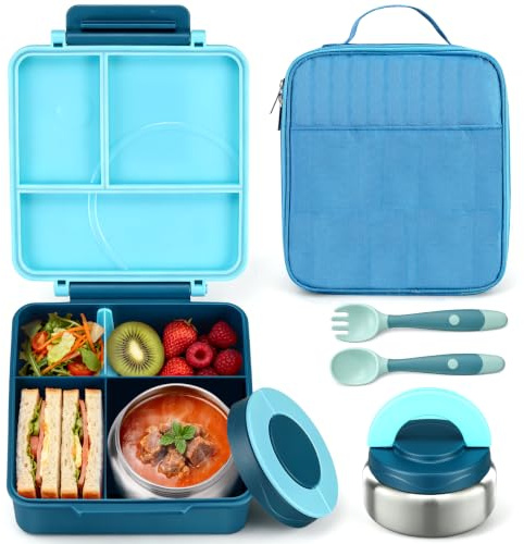Itslife Bento Lunch Box for Kids with 8oz Soup Thermo&Lunch Bag, Leak-Proof Lunch Food Containers with 4 Compartment, Hot Food Insulated Food Jar for Kids School (Blue)