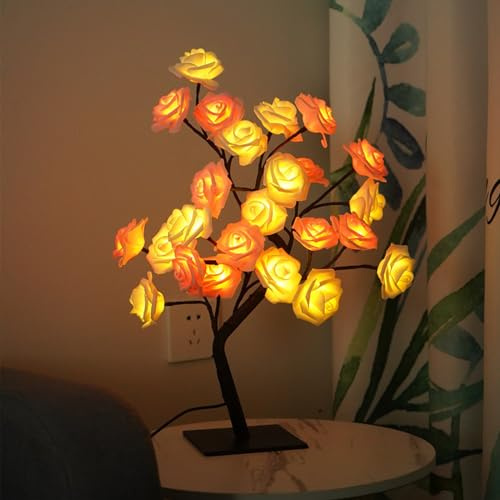 CHENRI Tree Lamp, Rosenbaum-Lampe, Leuchtende Rosen-Blumen-Baum-Lampe, Rosa Blume Bonsai Tischleuchte, LED Lichterbaum Nachtlicht, Baum Lampe Dekoratives Licht für Haus Schlafzimmer Party (Weiß Rosa)