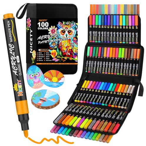 NICETY 100 Acrylstifte für Steine Wasserfest - 3mm Medium Tip Multimarker Porzellanstifte Acrylmarker für Glasmalstifte Leinwand Holz Stein Stoff Holz Leinwand Glas Lackstift…