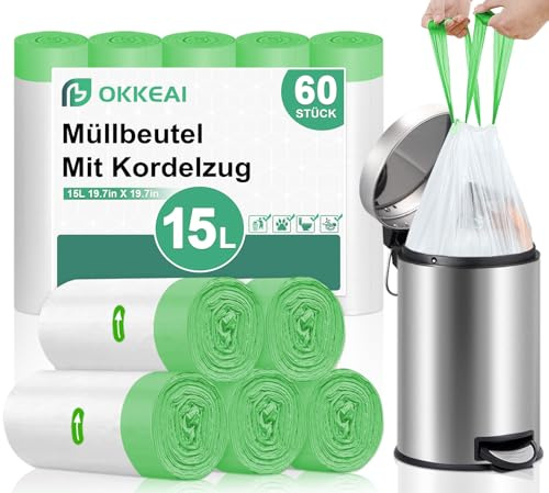 OKKEAI Müllbeutel 15L Weiß Mit Griff, Kleine Müllsäcke, 60 Stück