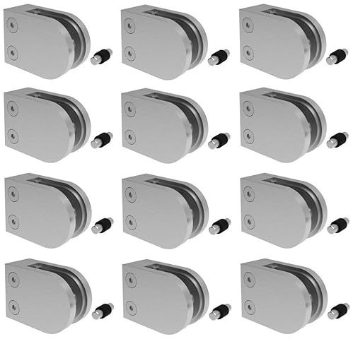 Sellon24® Glashalter 12 Stück Glasklemmen Klemmhalter halbrund Glashalter mit Sicherungsstift 63 x 45 x 28 mm Flach für Glas 8-10,76 mm Edelstahl V2A Profil Pfosten Halterung Glasgeländer (10,00 mm)