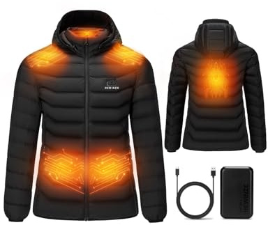 HEWINZE Beheizbare Jacke Damen mit kapuze,Warme Pufferjacke Damen mit akku 7.4V,Doppelschaltersteuerung Winterjacke für Outdoor Wandern Jagd Motorrad