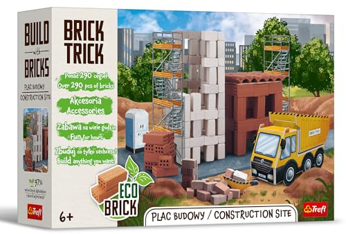 Trefl - Brick Trick, Baustelle/Construction, Baue aus Ziegeln | Für Kinder ab 6 Jahren, Öko-Bausteine aus Ziegeln, wiederverwendbar, Kreativset, 100 % natürliche Ziegel, über 290