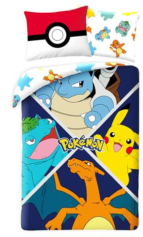 Parure de Lit Pokemon Évolution pour Enfant, Housse de Couette Réversible 140x200 cm + Taie d'oreiller 65x65 cm, avec Pikachu, Tortank (Carapuce), Dracaufeu (Salamèche) et Florizarre (Bulbizarre)
