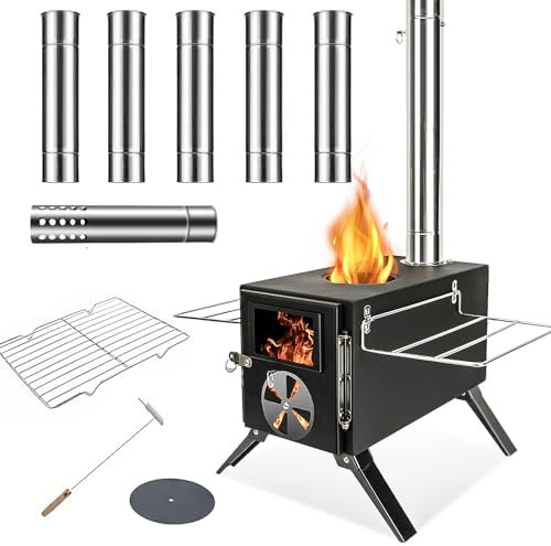 WomeYork - Outdoor Camping Stove, Portable Wood Burning Stove with 6 Chimney Pipes + 1 Spark Proof Chimney Pipe for Tent Camping Ice Fishing Kitchen