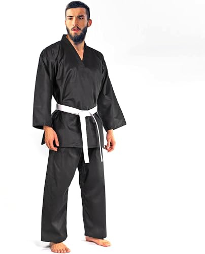 Farabi Sports Taekwondo Uniform for Men – Lightweight 230+ GSM V-Neck Taekwondo Suit with Elastic Waistband & Drawstring | Durable Cotton-Blend Taekwondo Dobok for Training & Sparring (Black, 6/190)