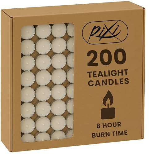 RIXI Unscented Tea Lights, 8 Hour Burn Time (3.8cm D x 1.8cm H), Smoke-Free, Clean Bright Flame – Long-Lasting Wax Tealight Candles, Ideal for Weddings, Home Décor, Aromatherapy (Pack of 200) | Smoke-free long-lasting tealight candles with clean bright flame. Ideal for weddings, home décor, aromatherapy and events.