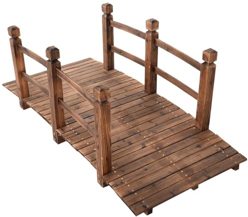 SOARS Pont de Jardin en Bois de Sapin Carbonisé avec Balustrade, Pont Décoratif Accessible pour Jardin, Étang, Ruisseau Charge 100 kg, 150 x 67 x 55 cm, Marron