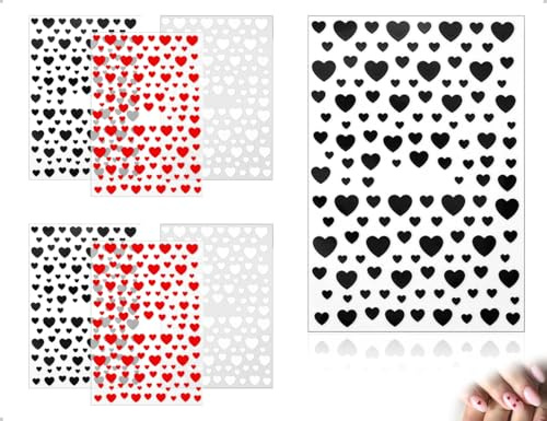 AOYEGIC 6 Blätter Herz Nagelsticker,Nagelsticker Selbstklebend für Frauen Mädchen,Nail Art Aufkleber Dekoration für DIY Zubehör,Salongebrauch(Schwarz Weiß Rot)