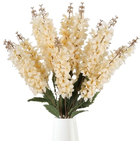 IPOPU Faux Silk Delphinium Flowers 5PCS Artificial Champagne Snapdragon Fake Flower 34.2inch Long Stem Hyacinth Flower for Wedding Home Garden Floral Arrangement Table Centerpiece Decor(Champagne)
