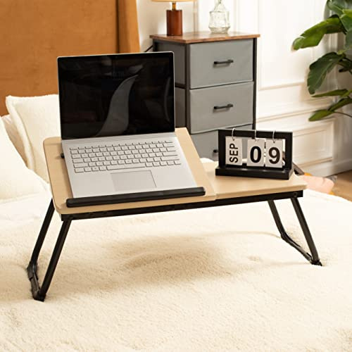 MEUBLE COSY Laptoptisch Frühstückstablett Höhenverstellbar Betttisch Laptopständer mit klappbaren Beinen für Sofa und Bett, Naturfarben + Schwarz, 65x30x27.5cm