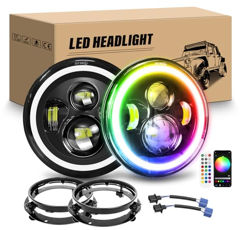 RIGIDON 2 x 7 Pollici Rotonda Fari Led con Anello di Montaggio, 50W 5000LM | RGB DRL, 4 modalità di Illuminazione, Led Off Road Hi/Lo Fascio DRL Anteriore Faro Lampada per Wrangler JK TJ LJ CJ Hummer