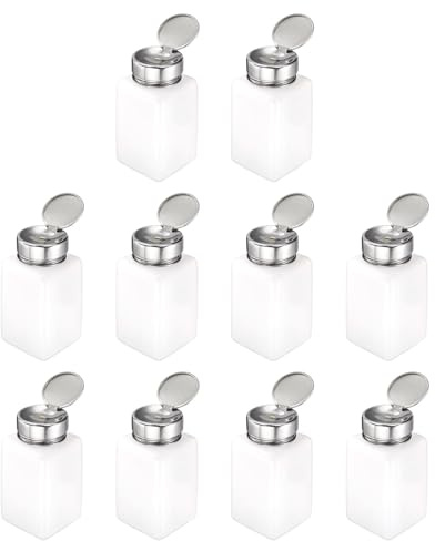 sourcing map 10pcs Solvent Alcohol Dispenser 180ml(6oz) Nail Polish Remover Push Down Liquid Dispenser Pump Bottle with Stainless Steel Press Head for Acetone Solution, White